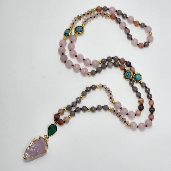 Changing Directions Beaded Rose Quartz Arrowhead Necklace - Picture 4 of 9
